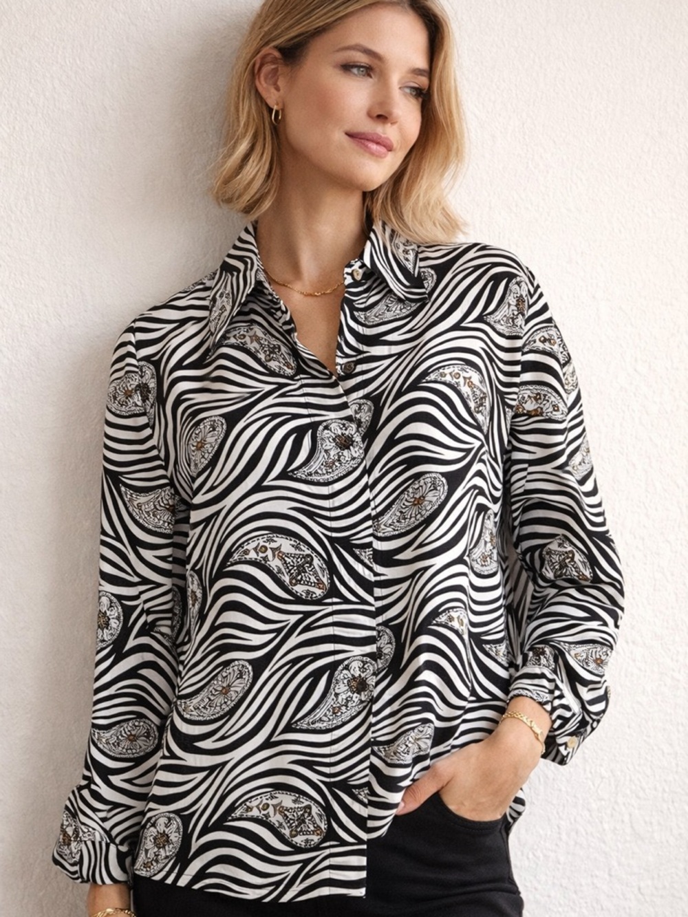 Vintage 100% Silk Zebra Paisley Button Up Blouse | Black White Statement Top L